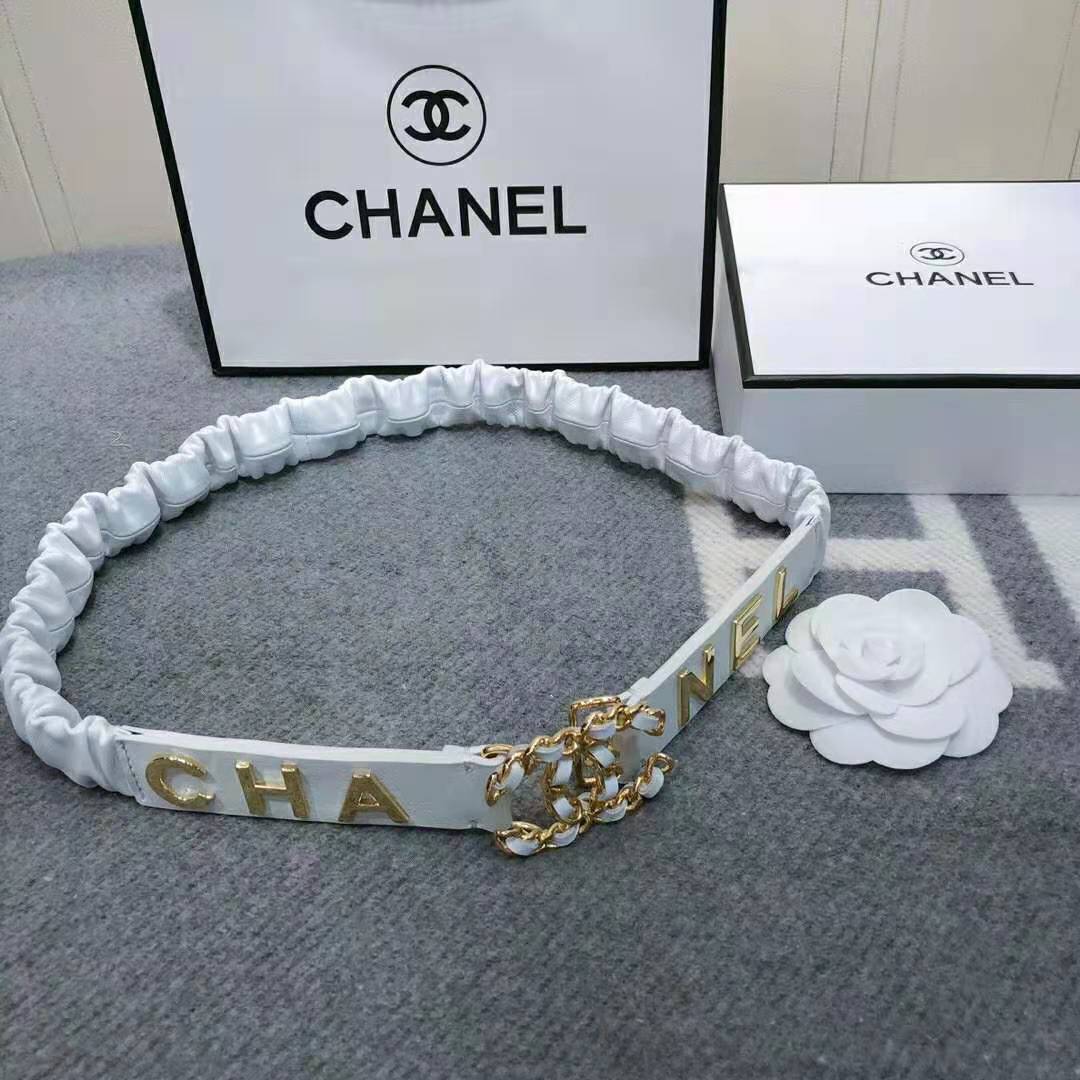 Chanel Women Goatskin & Gold-Tone Metal Belt-White