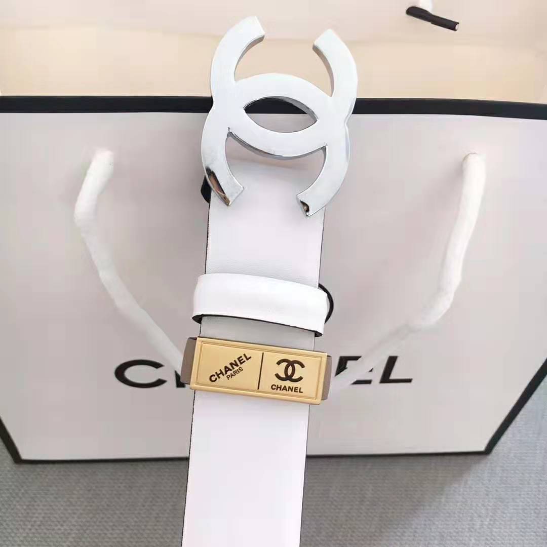 Chanel Women Lambskin & White-Tone Metal Belt-White