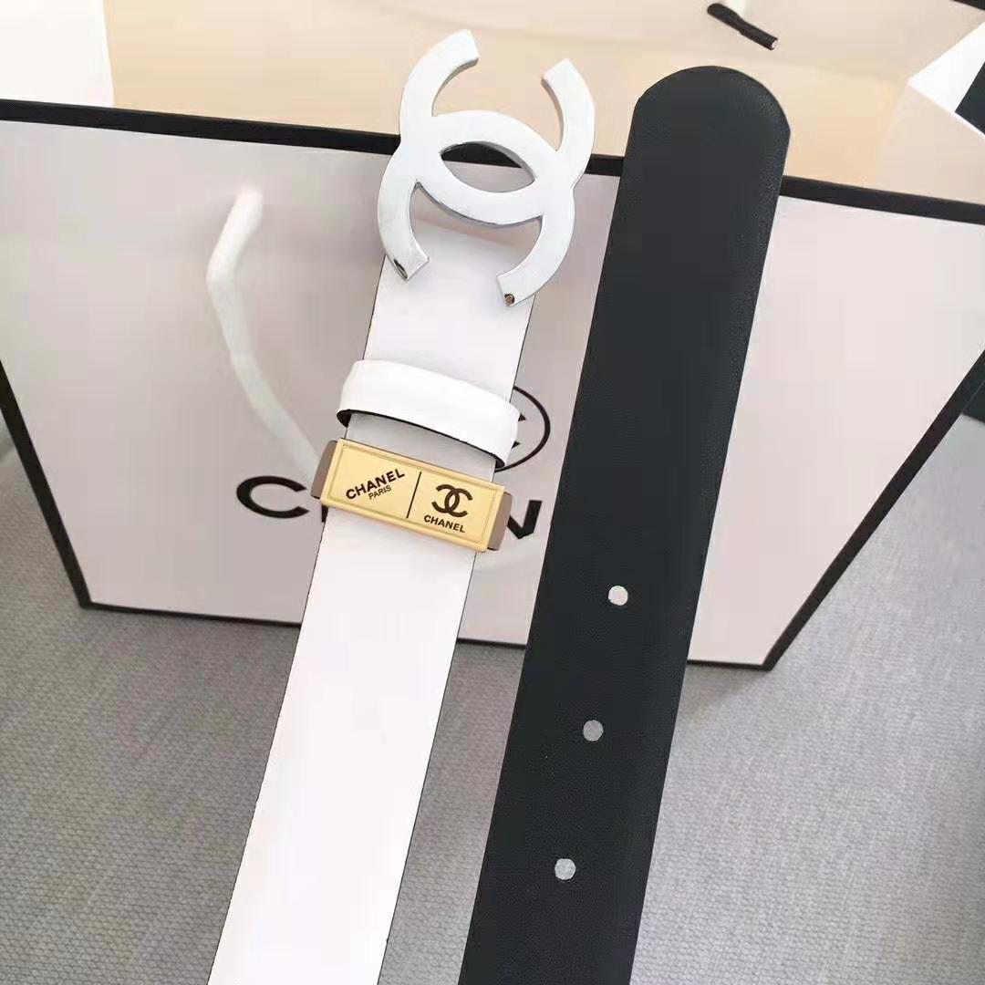 Chanel Women Lambskin & White-Tone Metal Belt-White