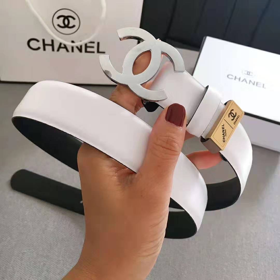 Chanel Women Lambskin & White-Tone Metal Belt-White