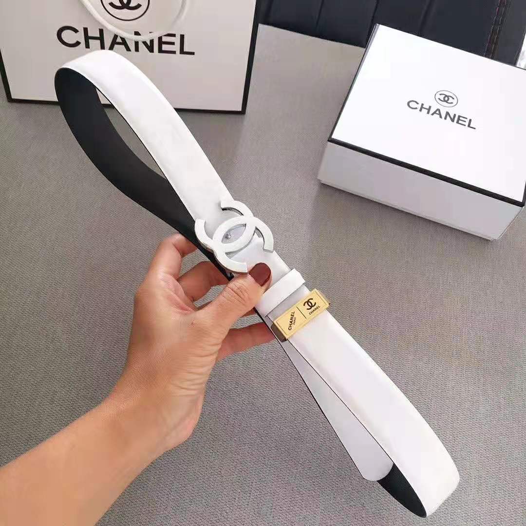Chanel Women Lambskin & White-Tone Metal Belt-White