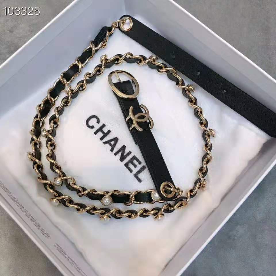 Chanel Women Lambskin Gold-Tone Metal & Glass Pearls Belt-Black