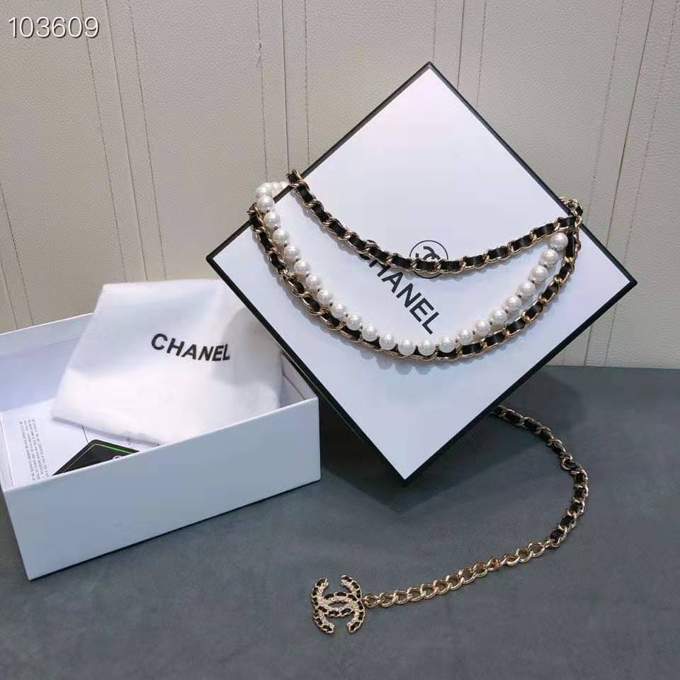 Chanel Women Metal Glass Pearls Lambskin & Strass Belt-Black