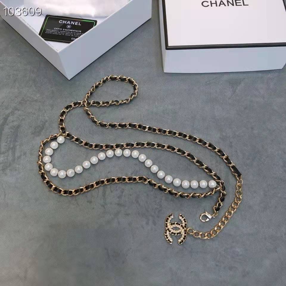 Chanel Women Metal Glass Pearls Lambskin & Strass Belt-Black