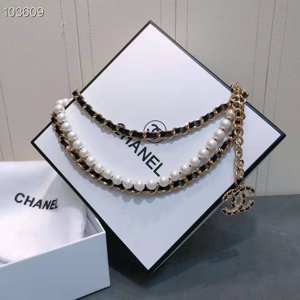 Chanel Women Metal Glass Pearls Lambskin & Strass Belt-Black