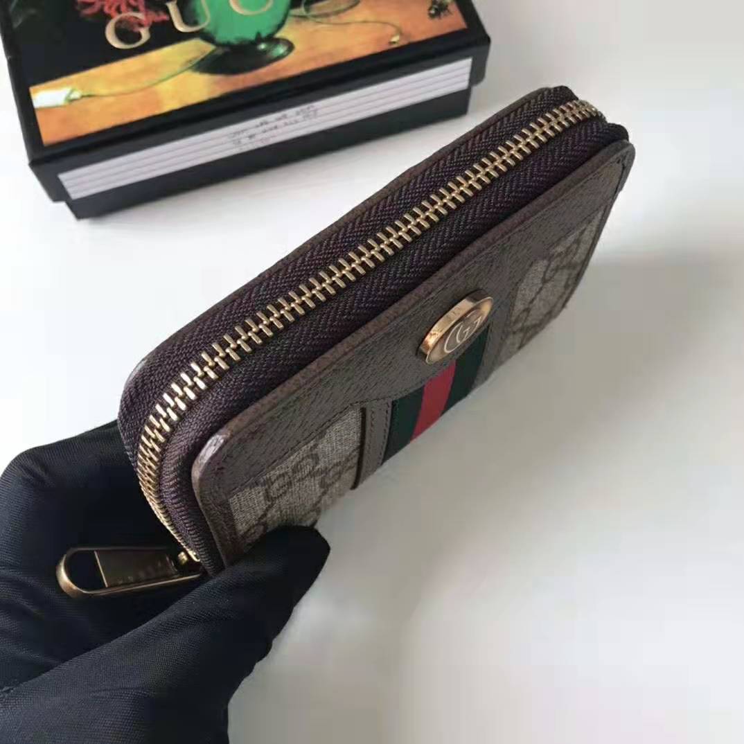 G*u*i gg unisex ophidia gg zip around card case in beige/ebony gg supreme canvas