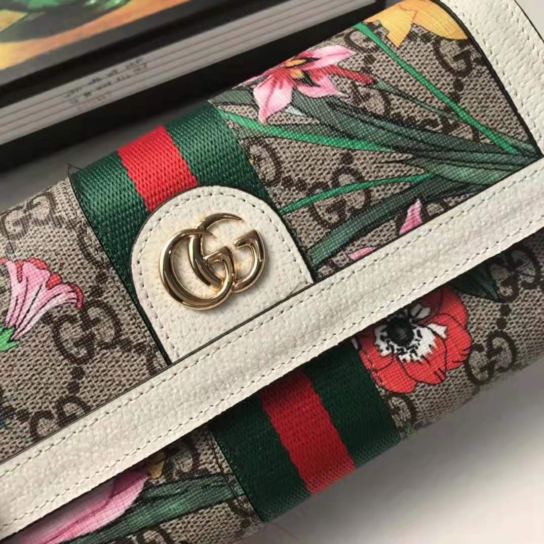 G*u*i gg women ophidia gg flora continental wallet in beige/ebony gg supreme canvas
