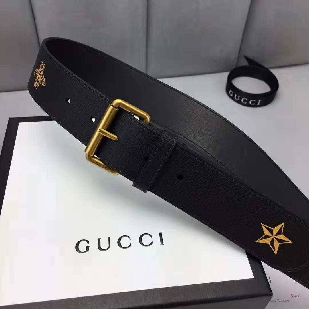 G*u*i unisex belt with bees and stars bet in black metal-free tanned leather