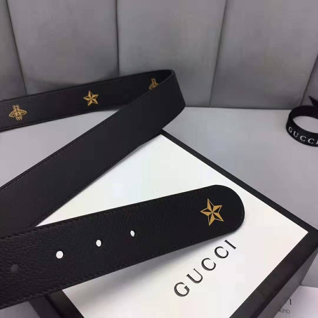 G*u*i unisex belt with bees and stars bet in black metal-free tanned leather