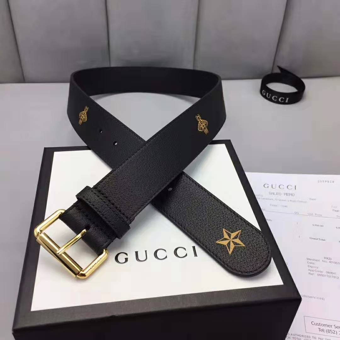 G*u*i unisex belt with bees and stars bet in black metal-free tanned leather