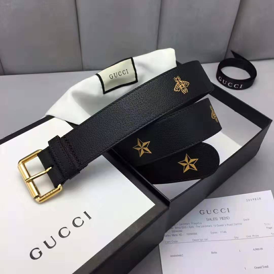 G*u*i unisex belt with bees and stars bet in black metal-free tanned leather