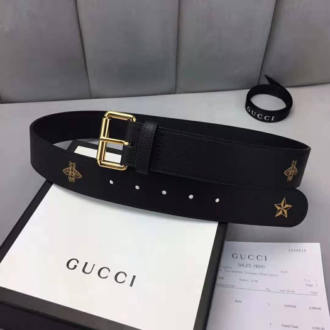 G*u*i unisex belt with bees and stars bet in black metal-free tanned leather