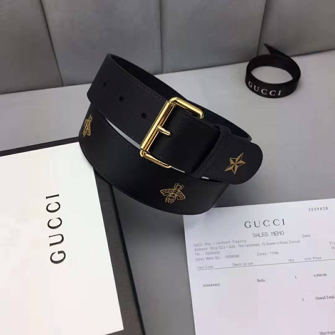 G*u*i unisex belt with bees and stars bet in black metal-free tanned leather