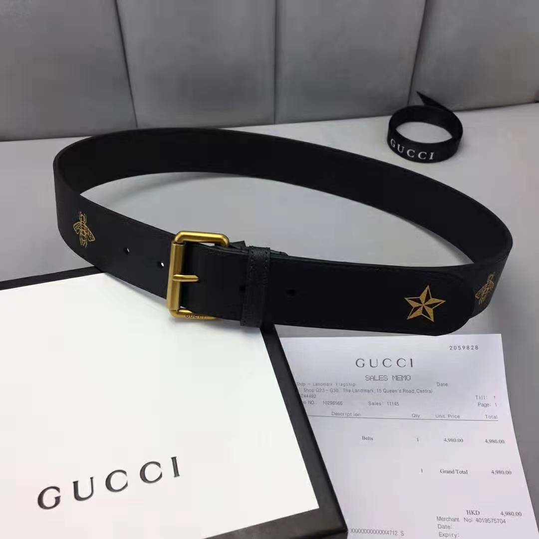 G*u*i unisex belt with bees and stars bet in black metal-free tanned leather