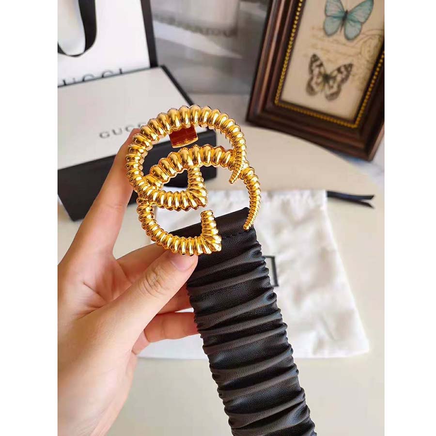 G*u*i unisex belt with torchon double g buckle in black leather