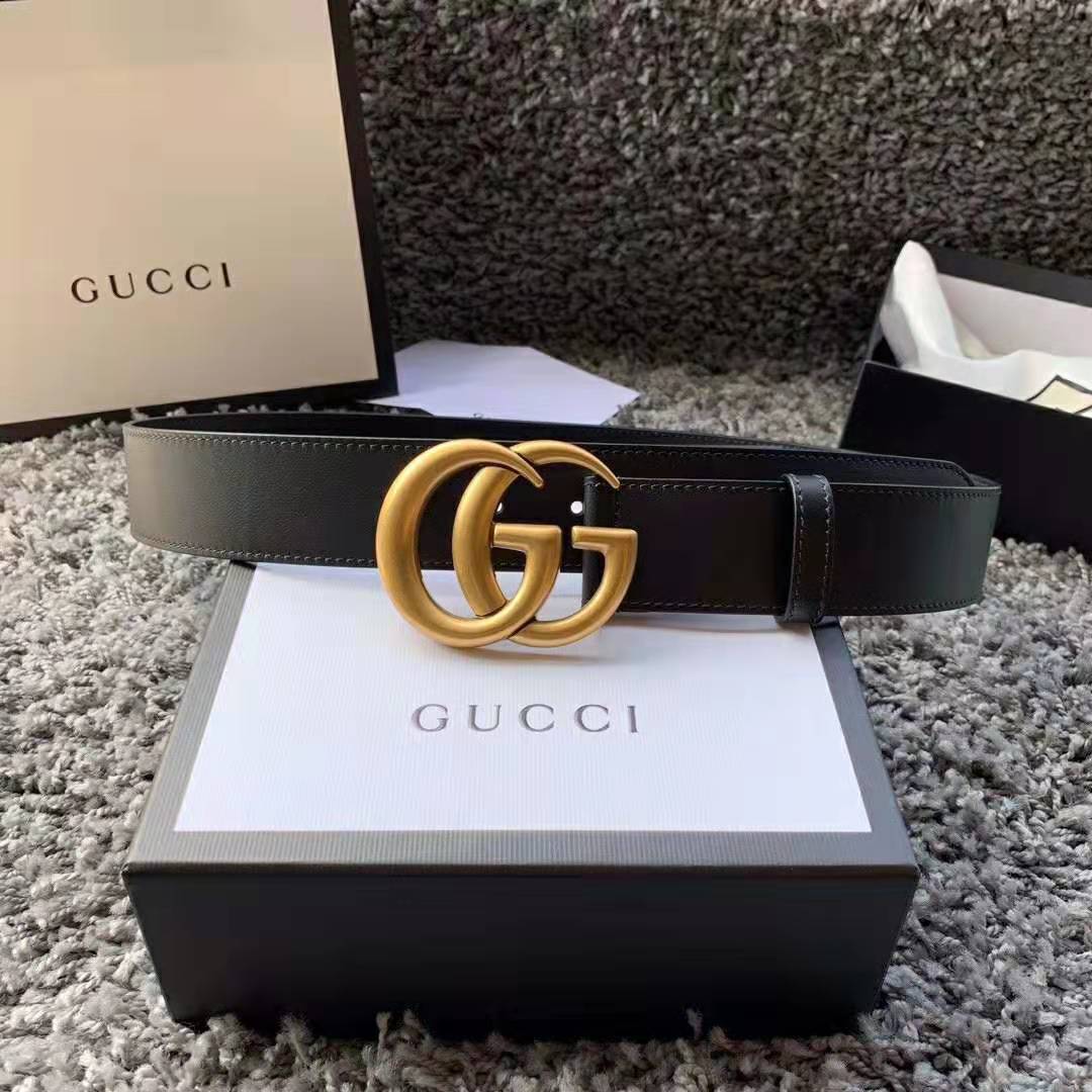 G*u*i unisex gg marmont leather belt with shiny buckle in 3.8cm width-black