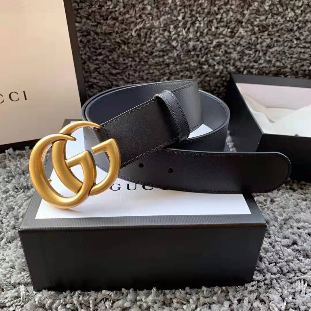 G*u*i unisex gg marmont leather belt with shiny buckle in 3.8cm width-black