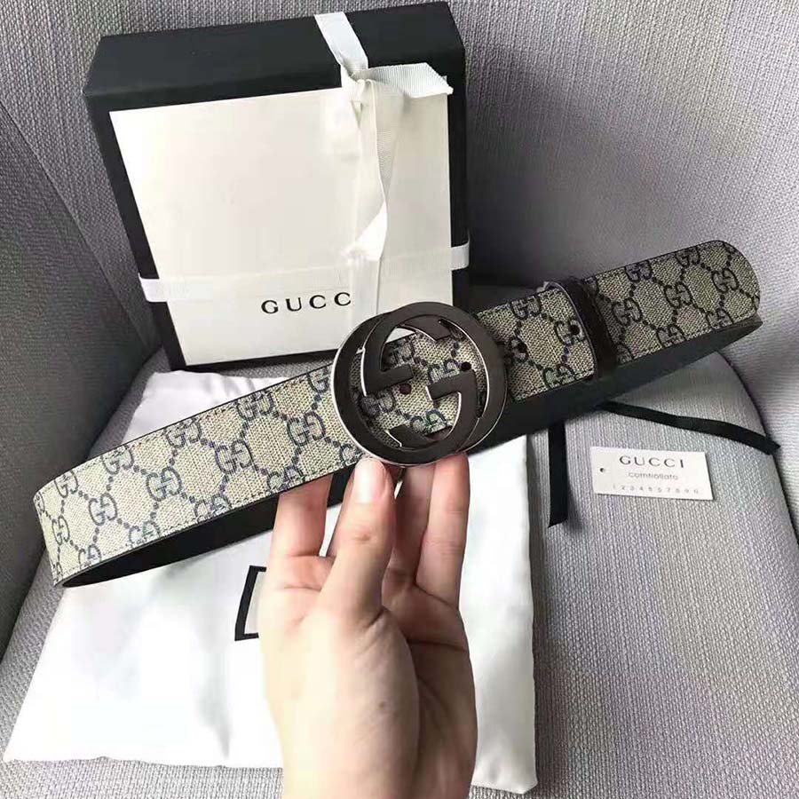G*u*i unisex gg supreme belt with g buckle in beige/blue gg supreme canvas
