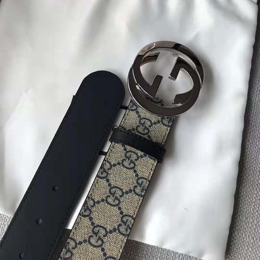 G*u*i unisex gg supreme belt with g buckle in beige/blue gg supreme canvas