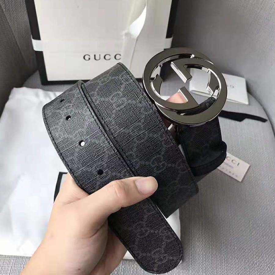 G*u*i unisex gg supreme belt with g buckle in black/grey gg supreme canvas
