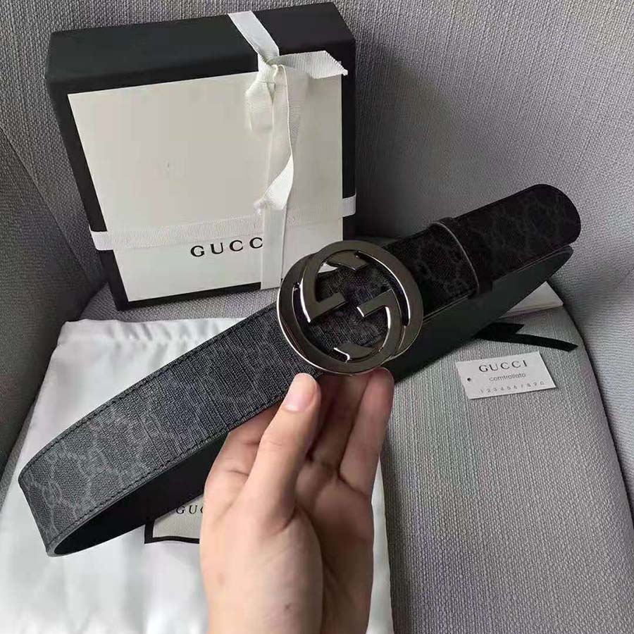 G*u*i unisex gg supreme belt with g buckle in black/grey gg supreme canvas