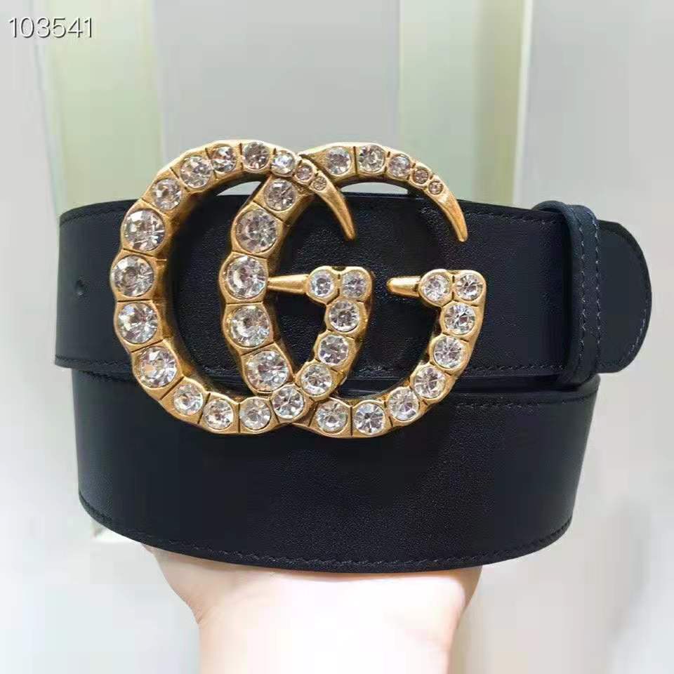 G*u*i unisex leather belt with crystal double g buckle-black