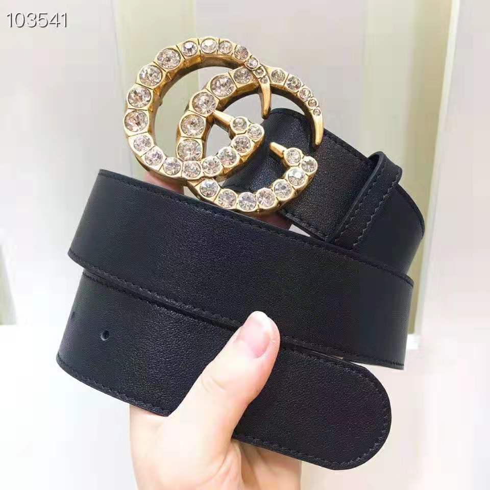 G*u*i unisex leather belt with crystal double g buckle-black