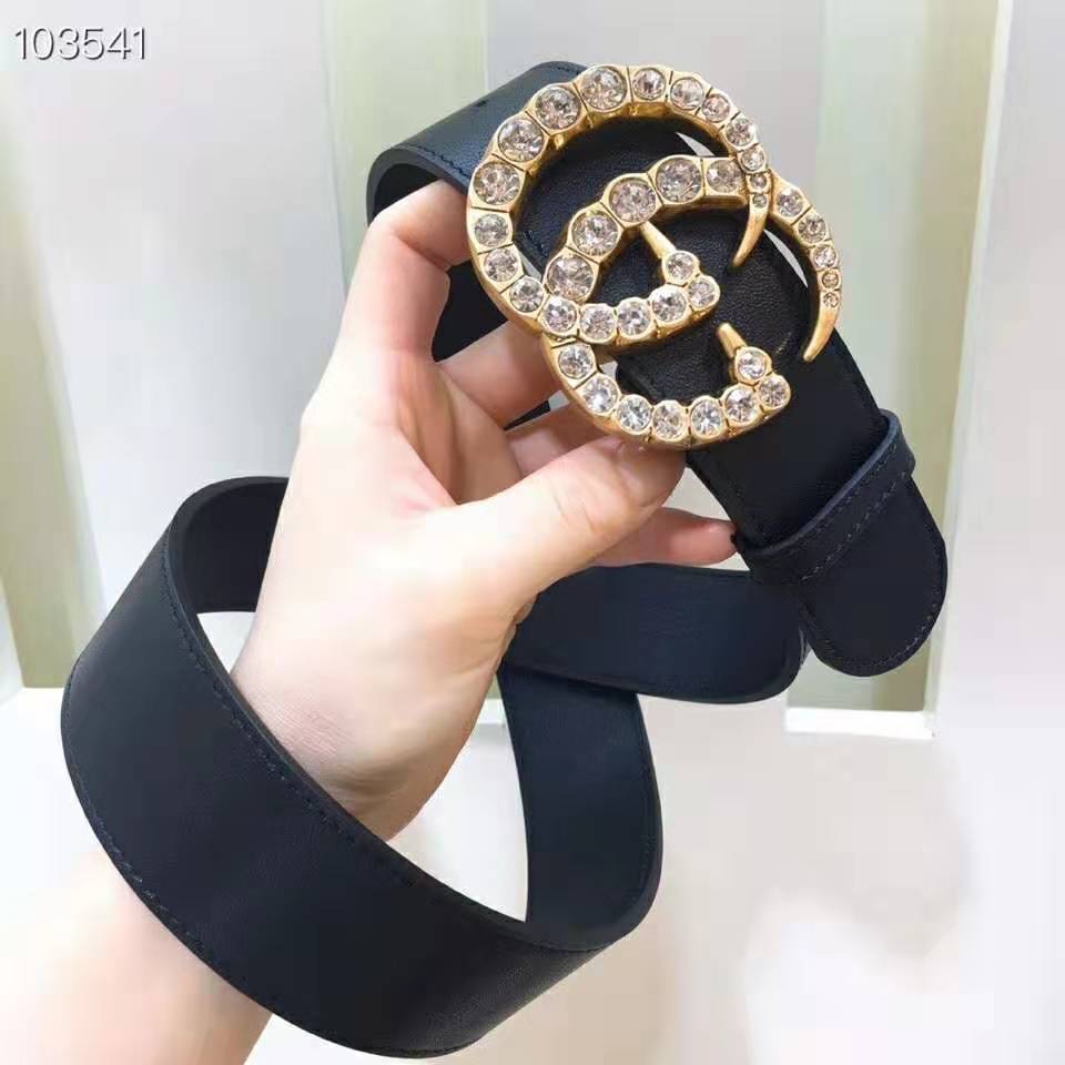 G*u*i unisex leather belt with crystal double g buckle-black
