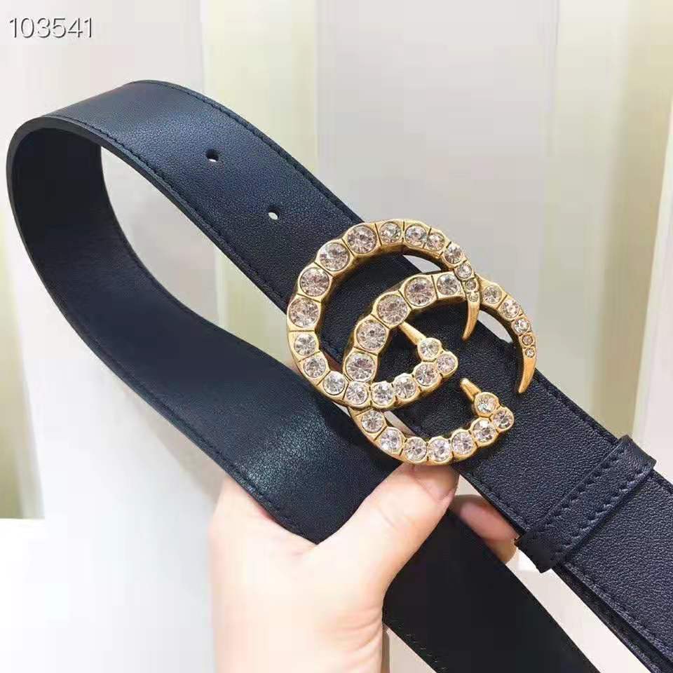 G*u*i unisex leather belt with crystal double g buckle-black
