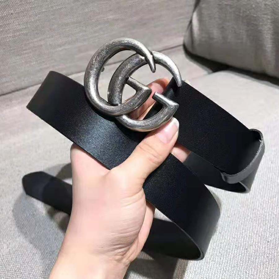 G*u*i unisex leather belt with double g buckle in 2.5cm width-black and silver