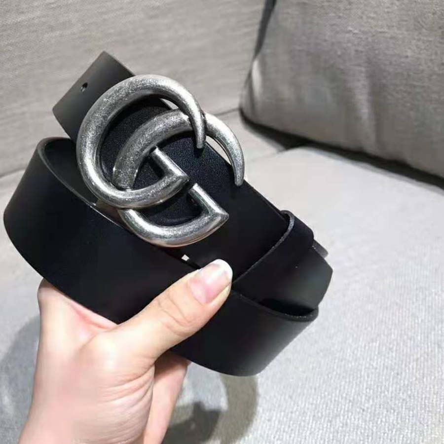 G*u*i unisex leather belt with double g buckle in 2.5cm width-black and silver