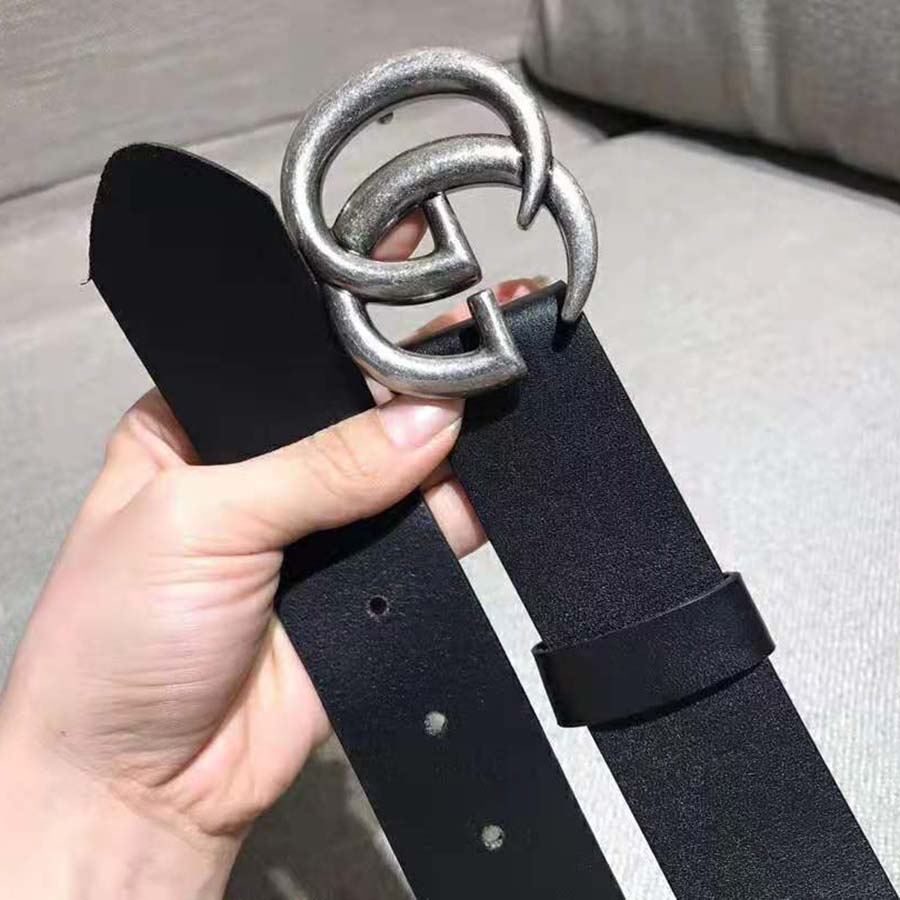 G*u*i unisex leather belt with double g buckle in 2.5cm width-black and silver