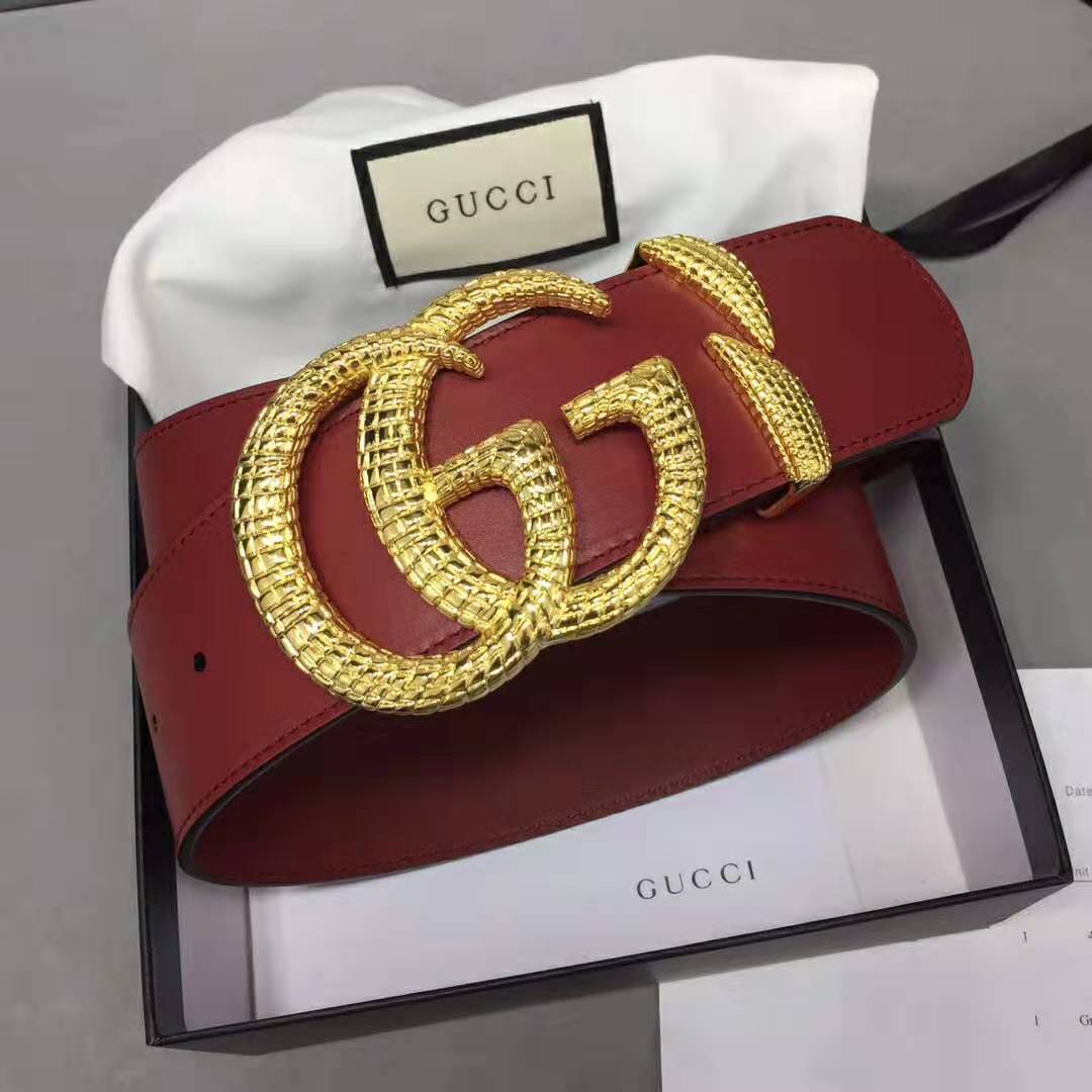 G*u*i unisex leather belt with double g buckle in burgundy leather