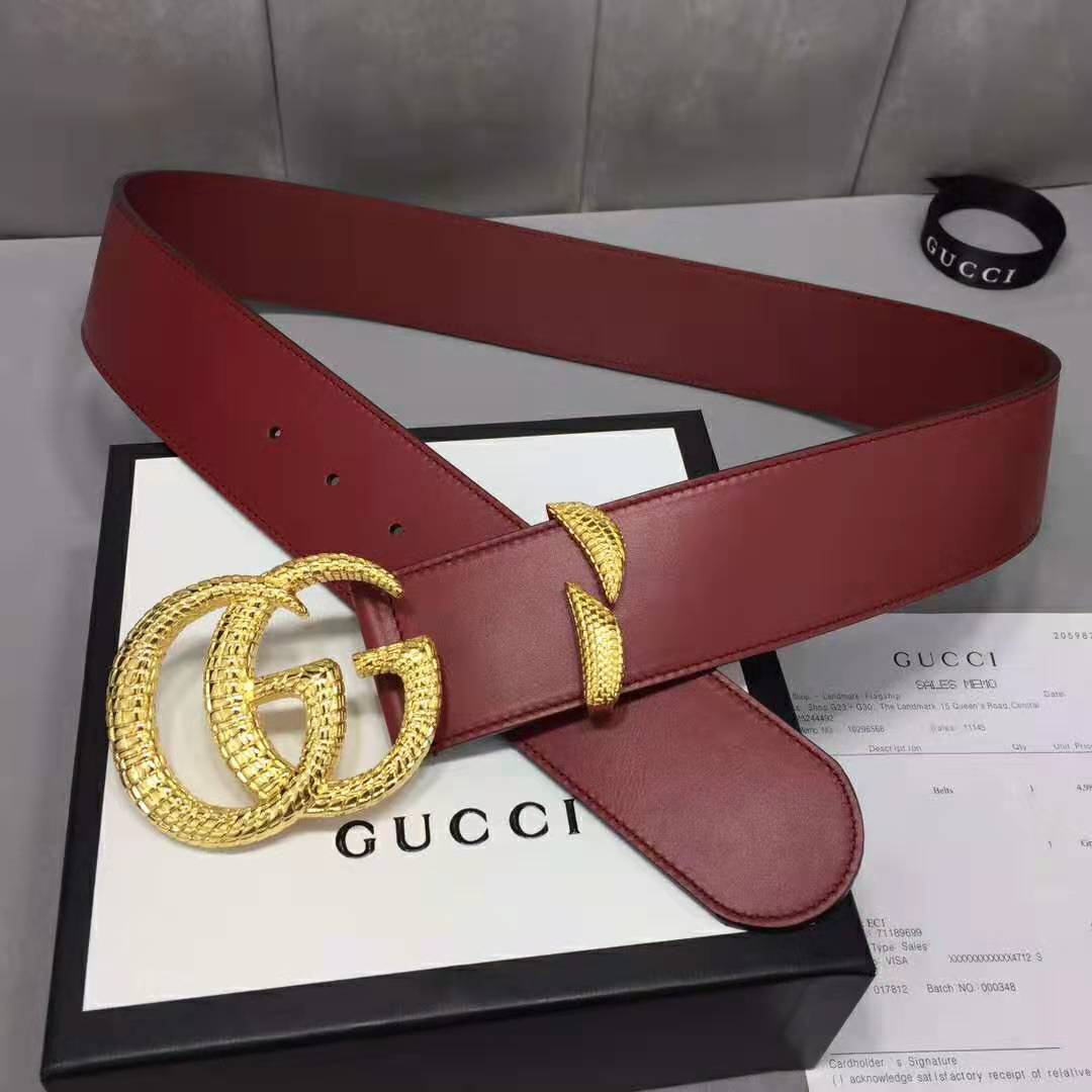 G*u*i unisex leather belt with double g buckle in burgundy leather