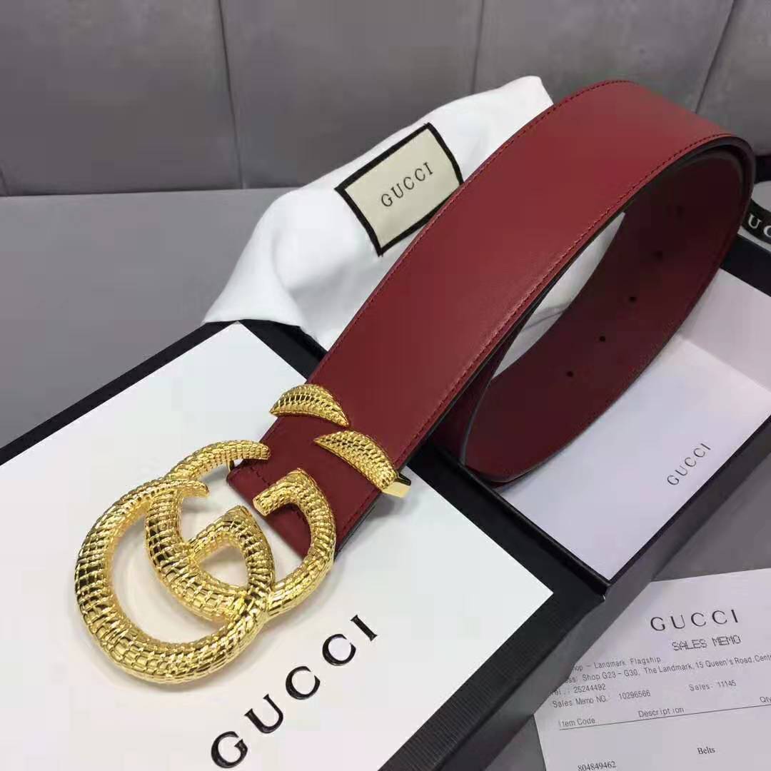 G*u*i unisex leather belt with double g buckle in burgundy leather