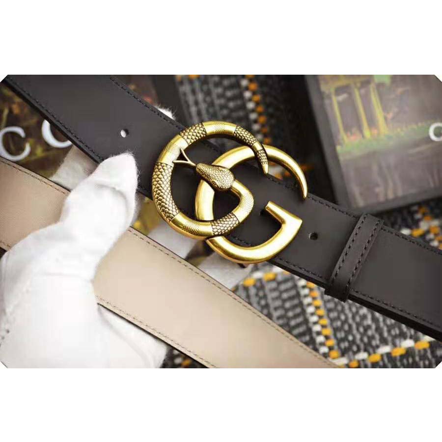 G*u*i unisex leather belt with double g buckle with snake in black leather
