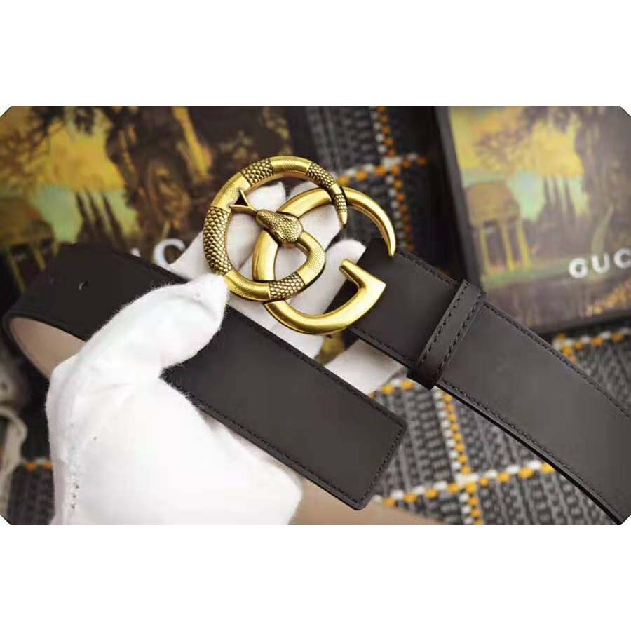 G*u*i unisex leather belt with double g buckle with snake in black leather