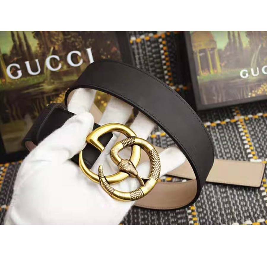 G*u*i unisex leather belt with double g buckle with snake in black leather