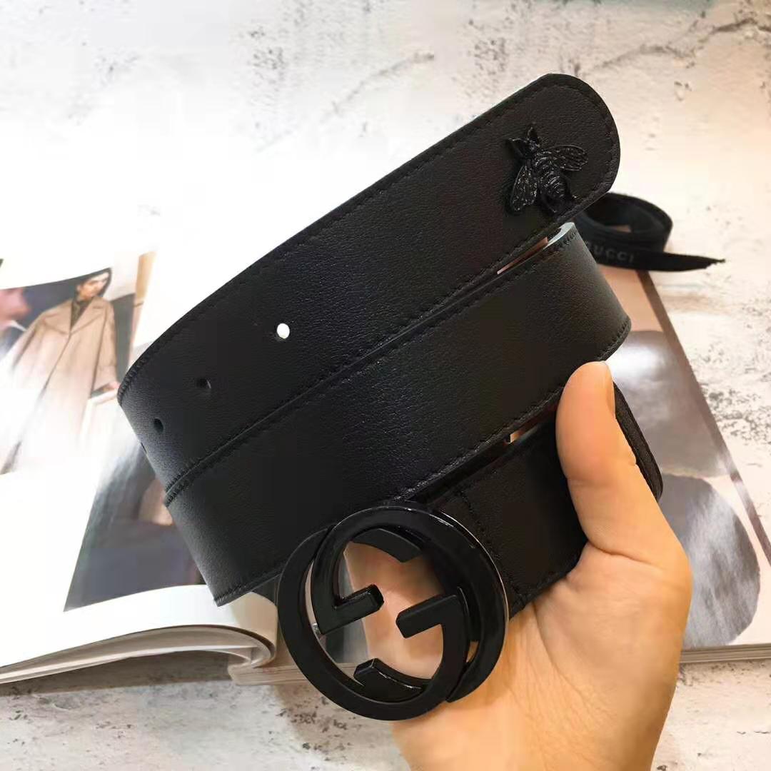 G*u*i unisex leather belt with interlocking g in black leather