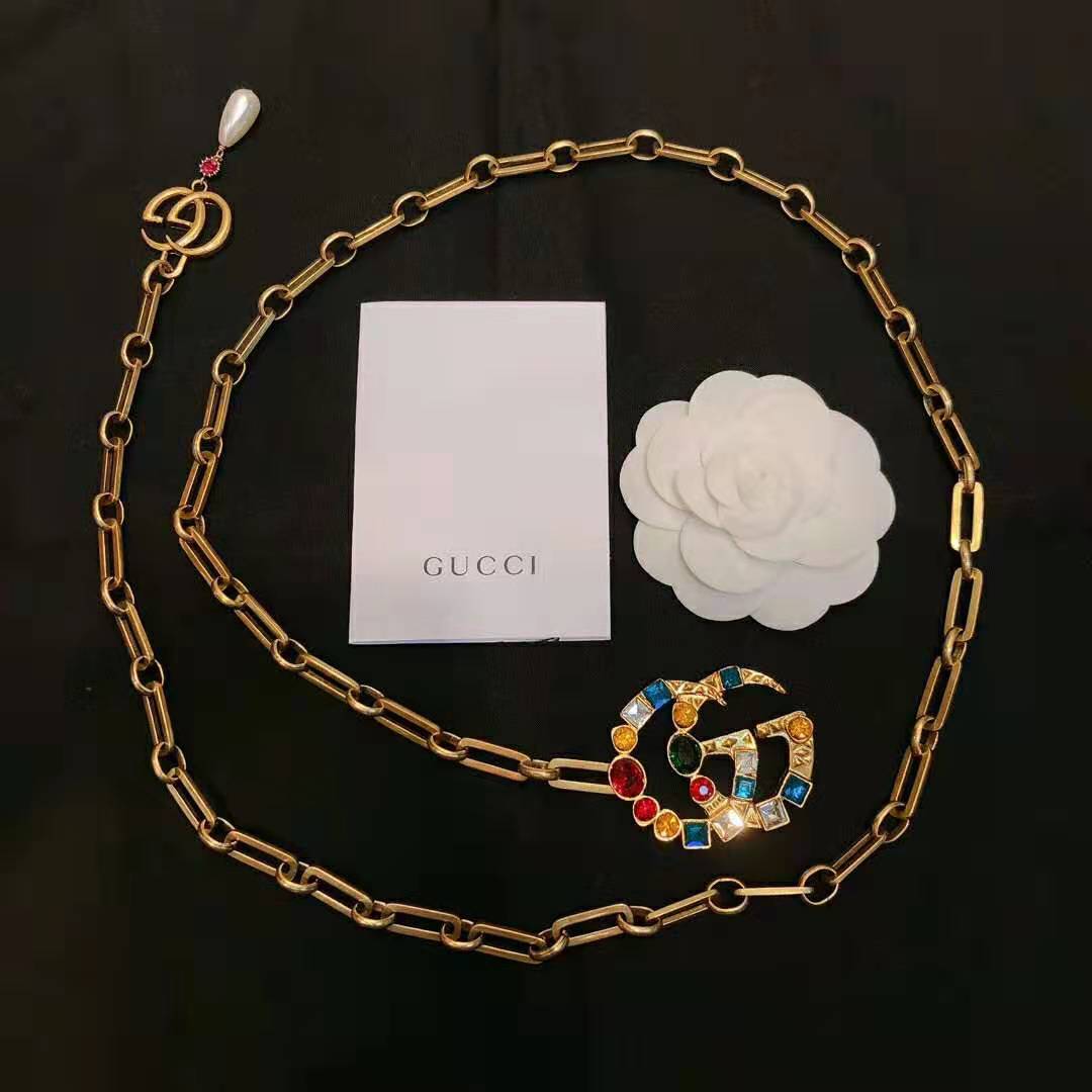 G*u*i women chain belt with crystal double g buckle in gold-toned chain