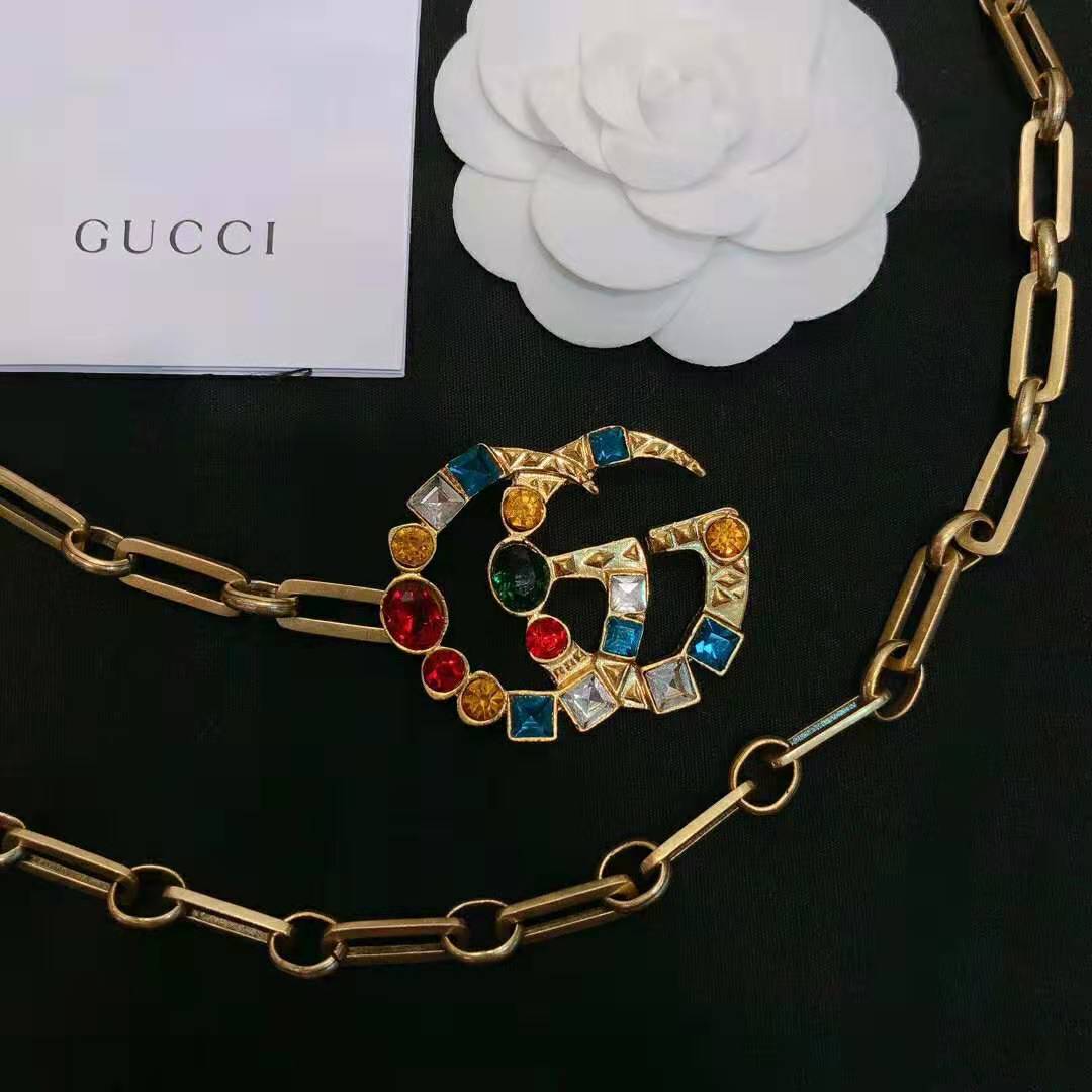 G*u*i women chain belt with crystal double g buckle in gold-toned chain