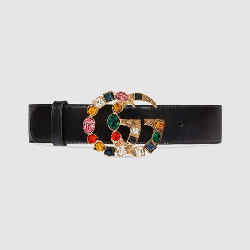 G*u*i women leather belt with crystal double g buckle in black