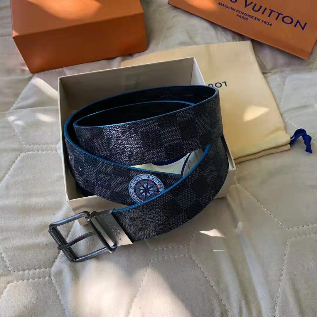 Louis Vuitton LV Unisex Damier Print 40mm Reversible Belt in Damier Canvas-Blue