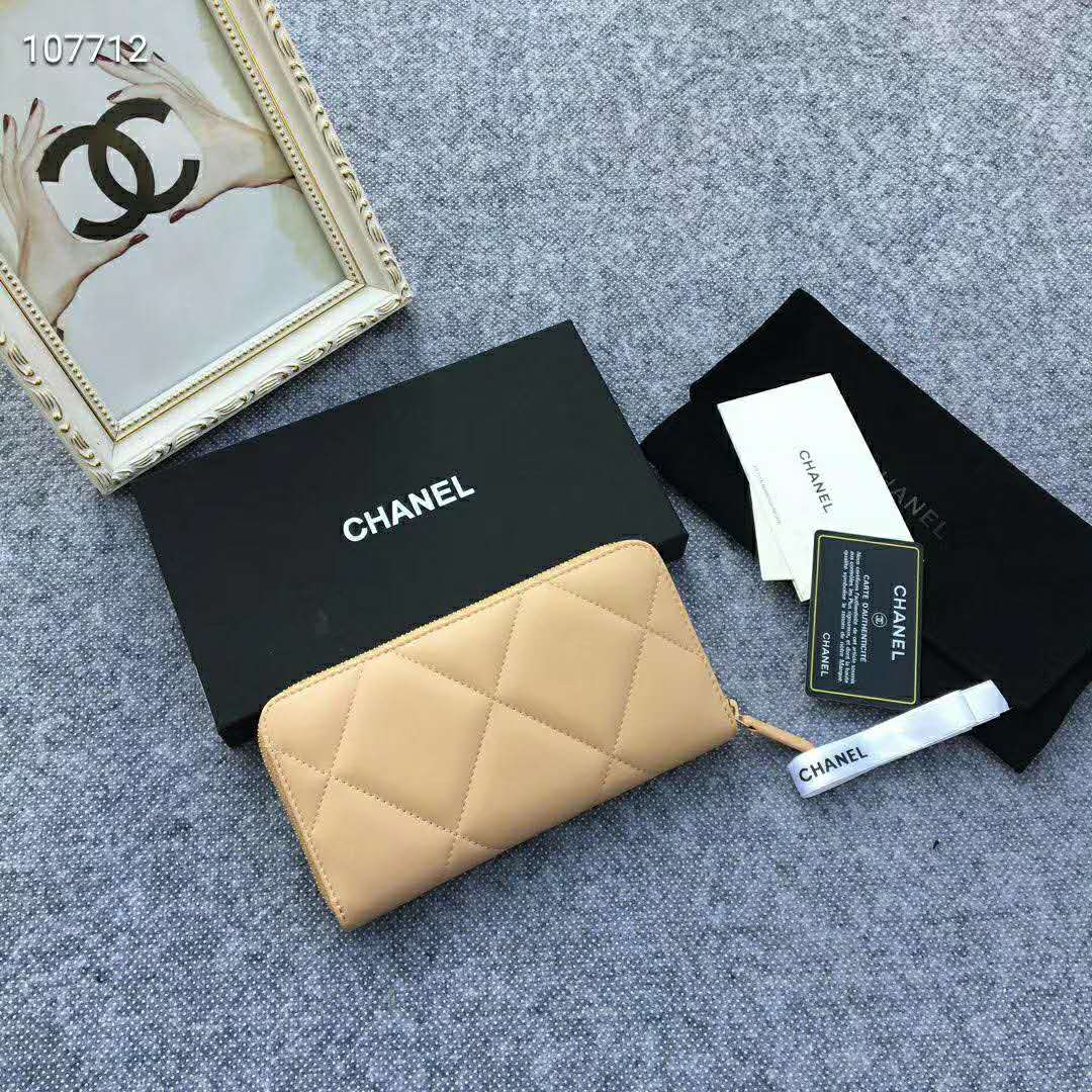 Chanel Women Chanel 19 Long Zipped Wallet Lambskin Leather-Beige Lambskin