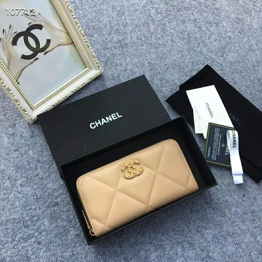 Chanel Women Chanel 19 Long Zipped Wallet Lambskin Leather-Beige Lambskin