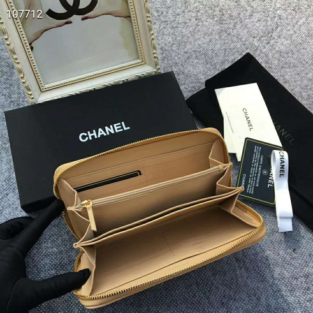 Chanel Women Chanel 19 Long Zipped Wallet Lambskin Leather-Beige Lambskin