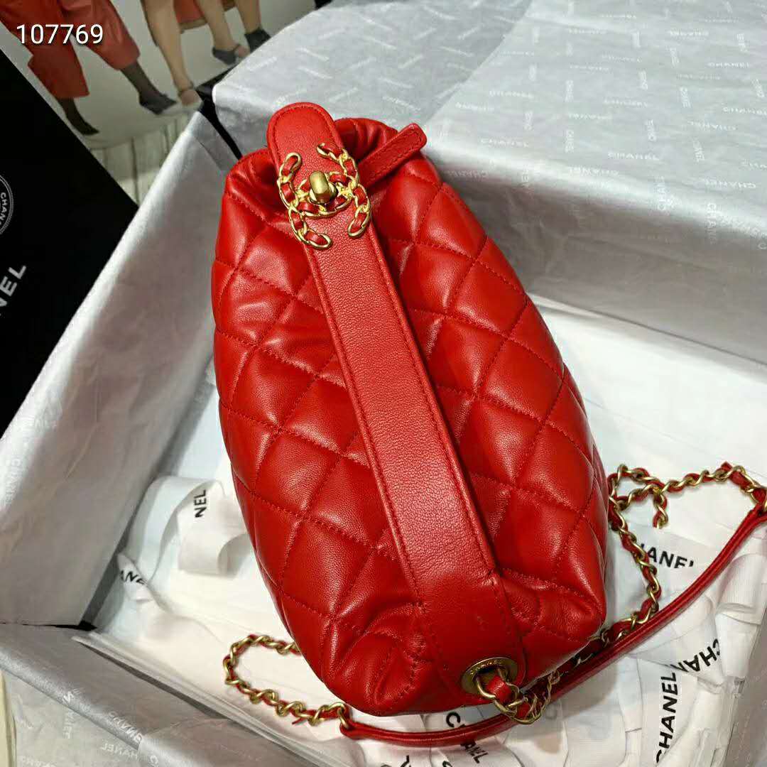 Chanel Women Hobo Bag in Lambskin Leather Gold Metal-Red