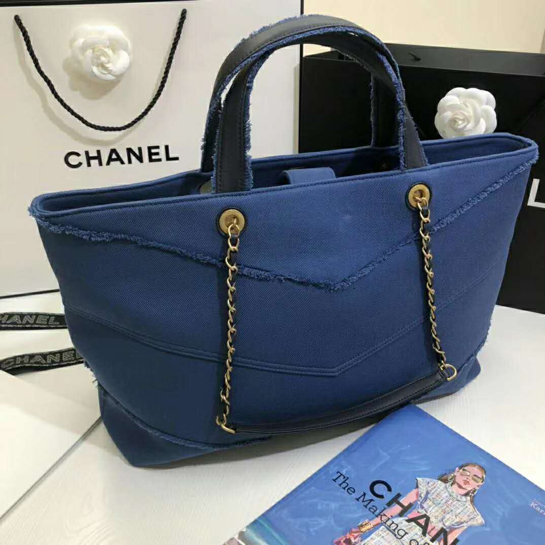 Chanel Women Shopping Bag Denim & Gold-Tone Metal Navy Blue