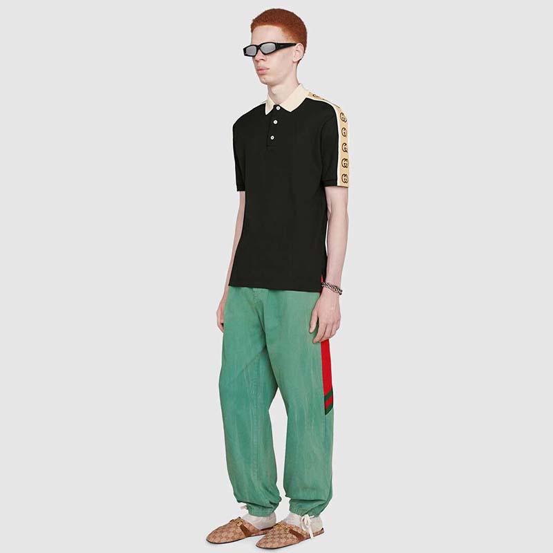 G*u*i gg men polo with interlocking g stripe black cotton
