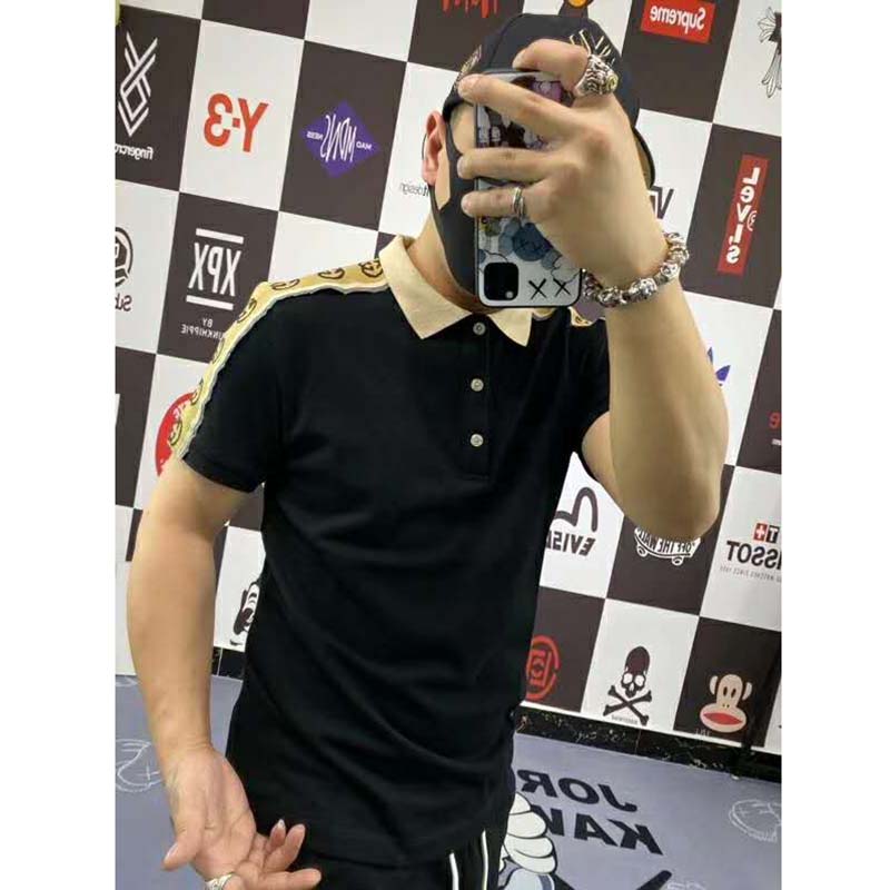 G*u*i gg men polo with interlocking g stripe black cotton